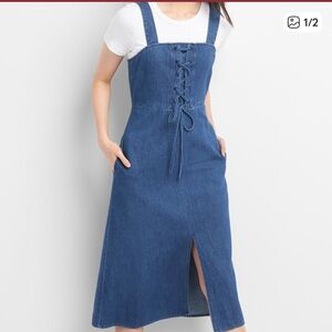 Gap Denim Lace Up Midi Dress Fitted Blue Jean Dress - Size S, Great Condition